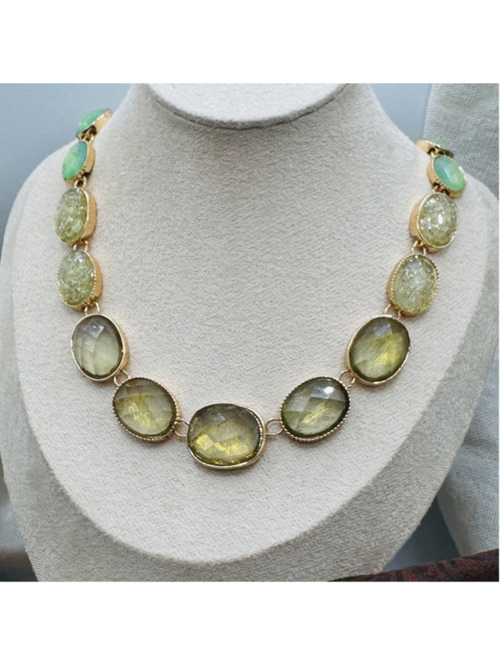 Dana Buchman Gold Tone Statement Necklace | Seafoam Green & Olive Faceted Stones